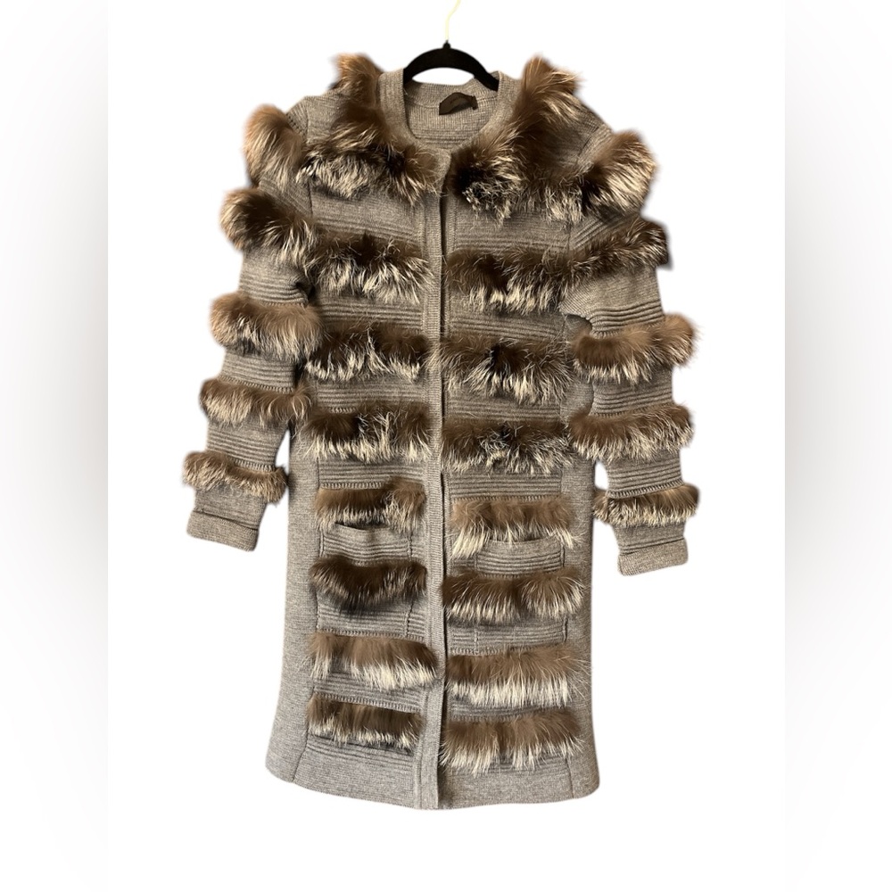 Jo No Fui Italy Tiered Fox Fur Wool Knee Length Coat Gray Longline Archival
